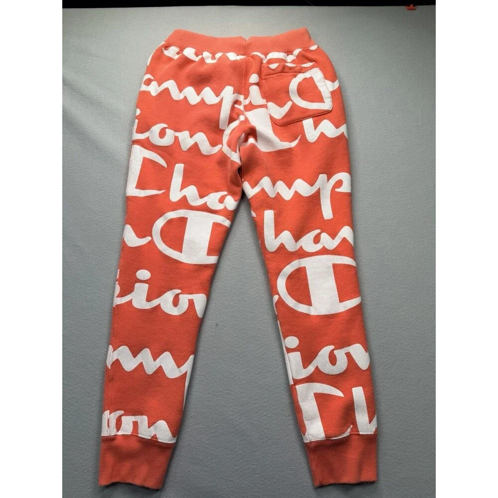 Champion Reverse Weave Giant Script Jogger Pants Orange White Size M